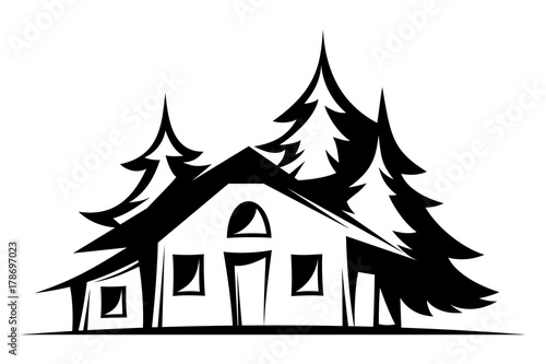 Vector black and white illustration of a house and trees.