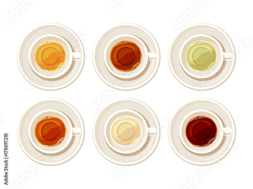 Vector set of porcelain cups of tea isolated on a white background.