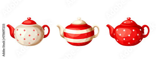 Vector set of three red and white porcelain teapots isolated on a white background.