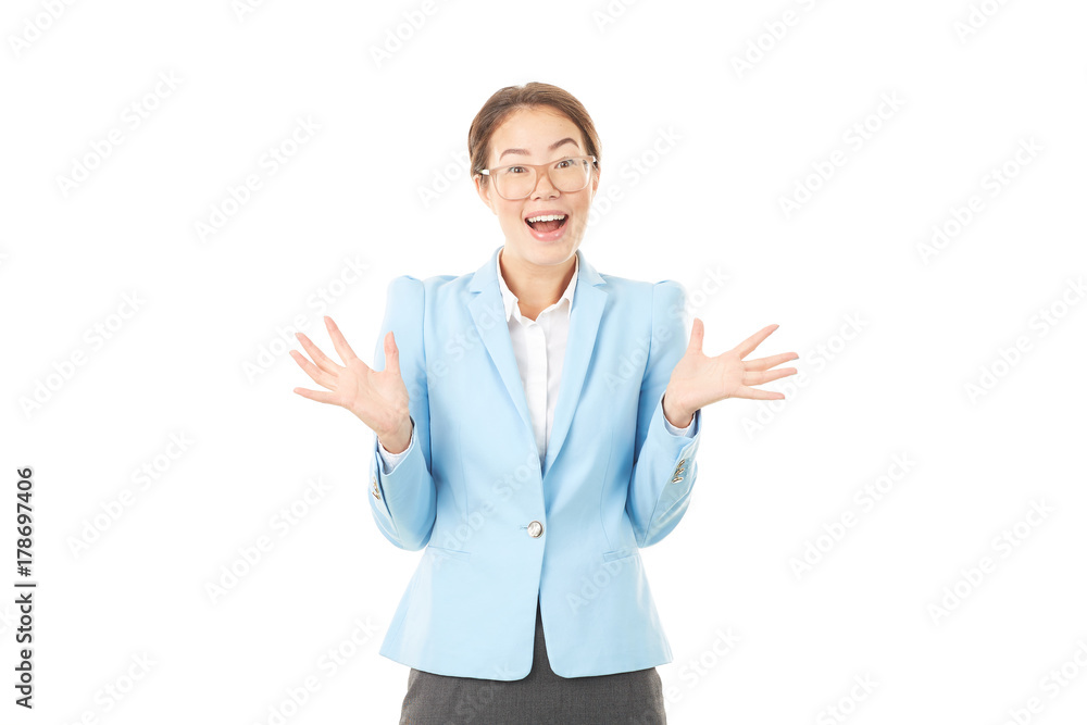 Studio portrait of Asian businesswoman in eyeglasses posing on white background
