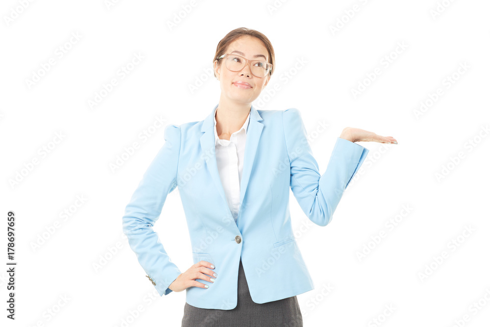 Studio portrait of Asian businesswoman in eyeglasses posing on white background Studio portrait of Asian businesswoman in eyeglasses posing on white background