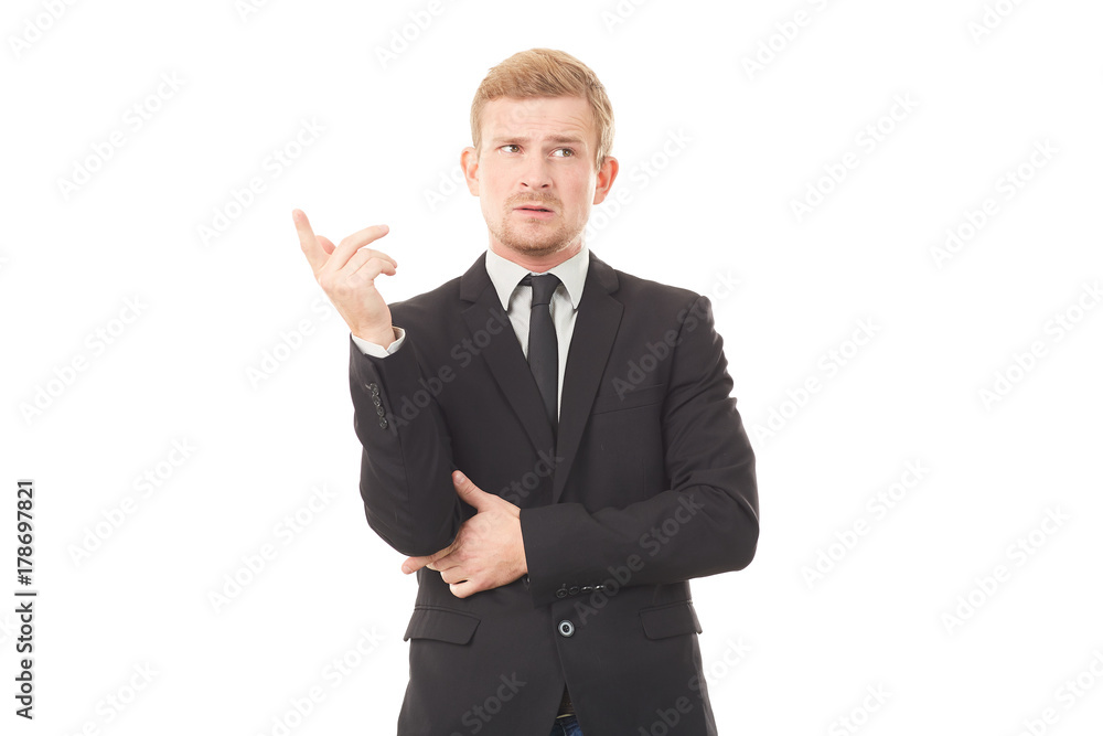 Portrait of pensive young businessman in black suit on white background Portrait of pensive young businessman in black suit on white background
