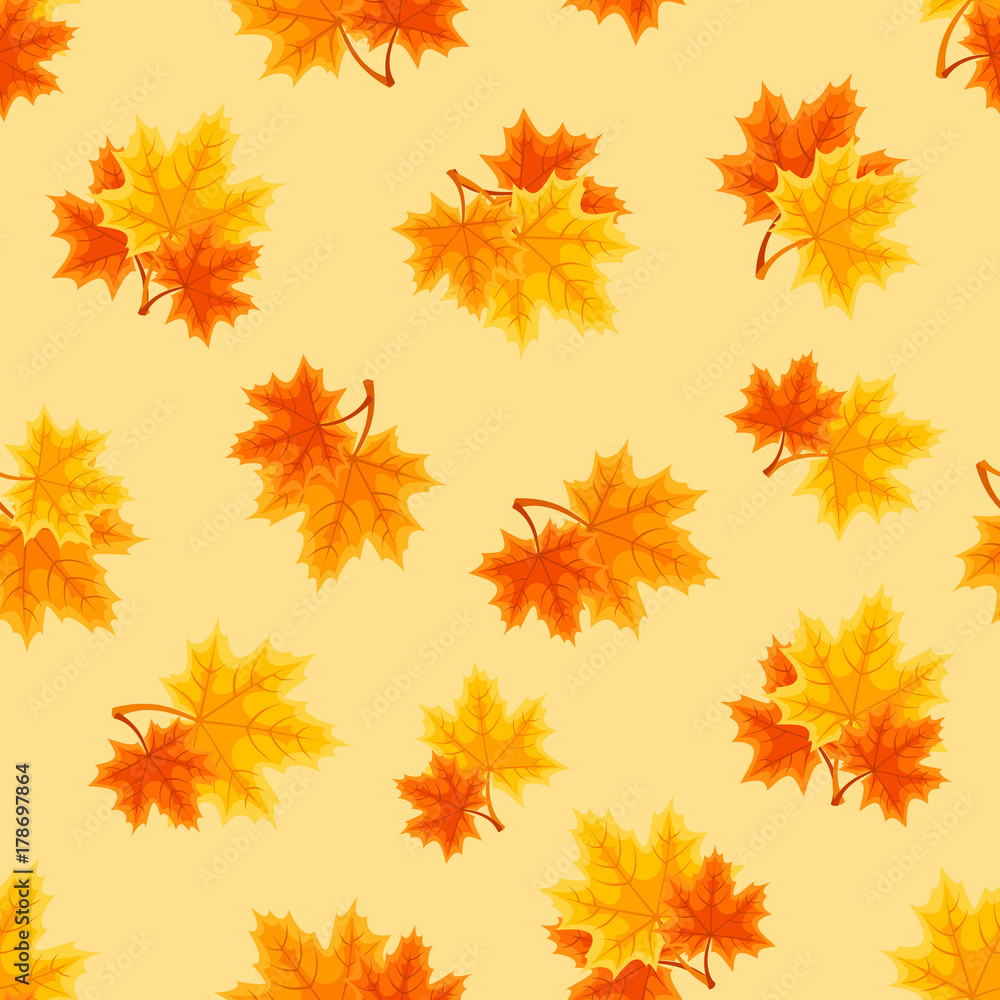 Vector seamless pattern with red, orange and yellow autumn maple leaves on a yellow background. Vector seamless pattern with red, orange and yellow autumn maple leaves on a yellow background.