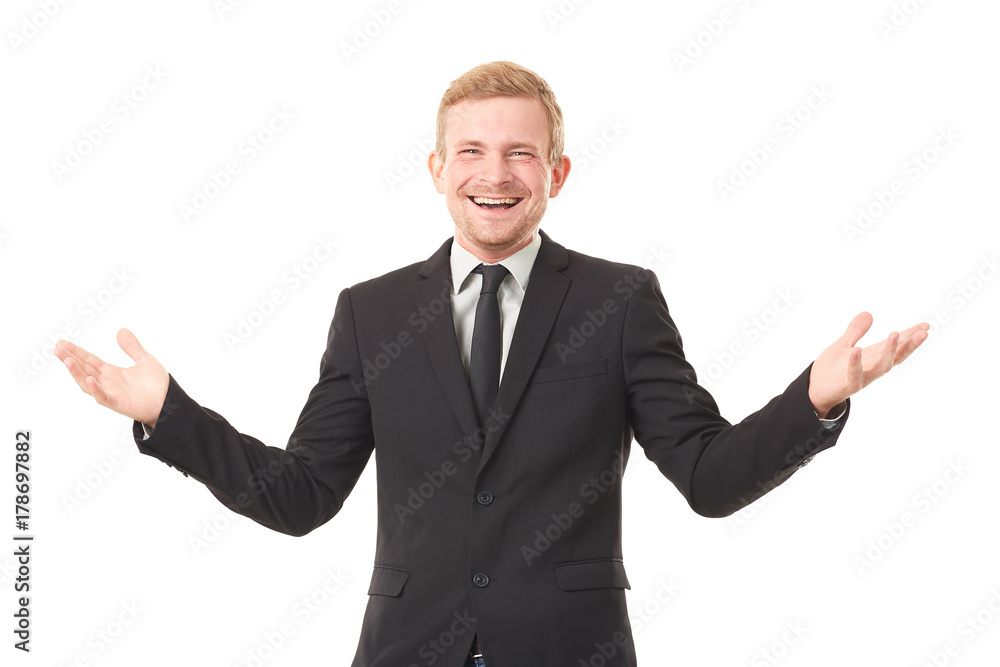 Portrait of young businessman in black suit on white background Portrait of young businessman in black suit on white background