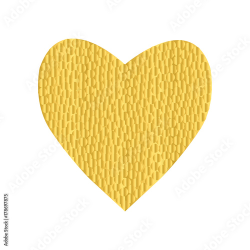 Gold heart. granular dot mosaic. The shape of heart is filled with a plenty of gold or yellow points. Heart print for fabric clothing decoration.