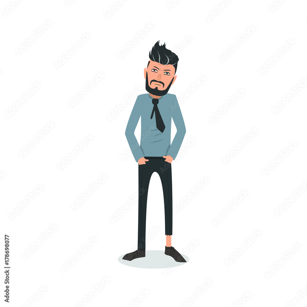 Exhausted and completely wiped out cartoon guy in casual clothes, gesturing. Vector illustration. Modern flat design.