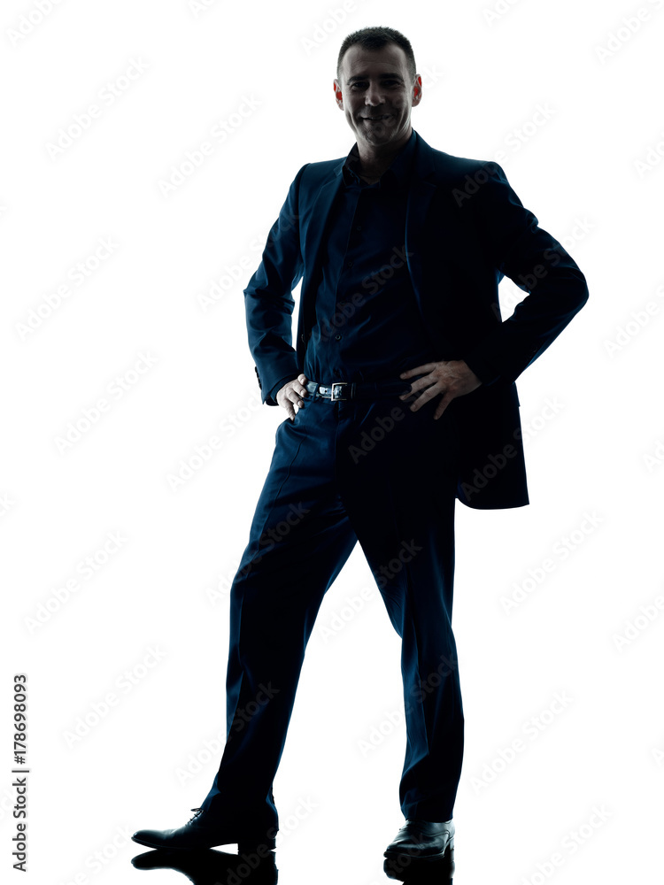 one caucasian business man standing smiling silhouette isolated on white background one caucasian business man standing smiling silhouette isolated on white background