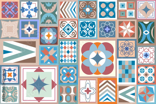 Abstract geometric background. Colorful composition with floral and geometrical ornaments