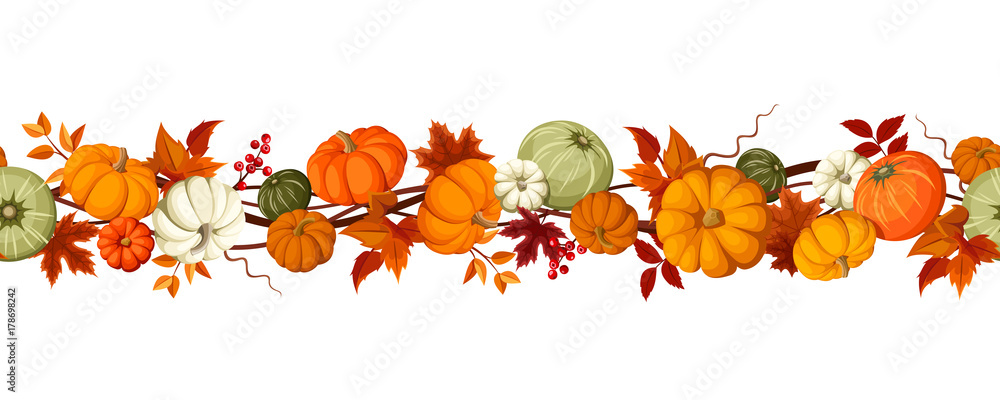 Vector horizontal seamless background with pumpkins and autumn leaves on a white background.