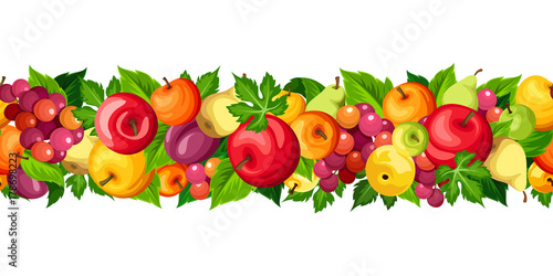 Vector horizontal seamless border with fruits (apples, pears and grapes) isolated on a white background.
