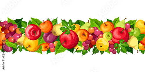 Vector horizontal seamless border with fruits  apples  pears and grapes  isolated on a white background.