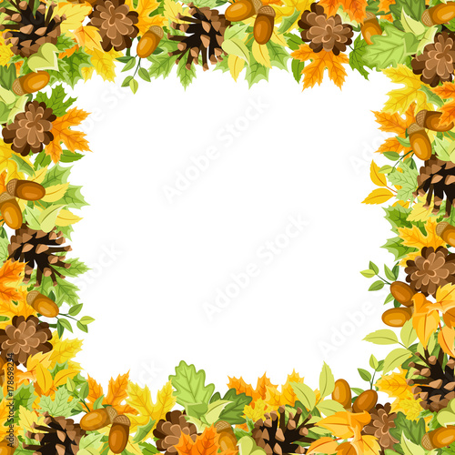 Vector frame background with green, yellow and orange autumn leaves, cones and acorns.