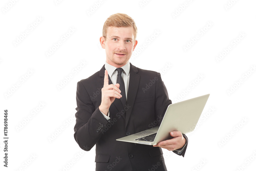 Portrait of manager holding open laptop on white background Portrait of manager holding open laptop on white background