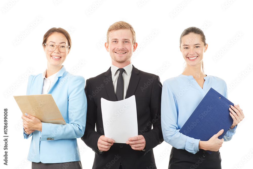 Portrait of young business team consisting of two women and man on white background Portrait of young business team consisting of two women and man on white background