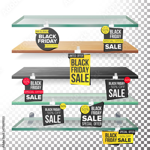 Supermarket Shelves, Black Friday Sale Advertising Wobblers Vector. Retail Sticker Concept. Black Friday Best Offer. Discount Sticker. Sale Banners. Isolated Illustration