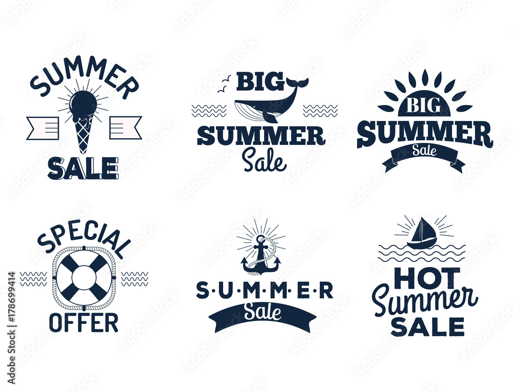 Obraz premium Summer sale clearance vector badges some shopping hand drawn advertising labels illustration.