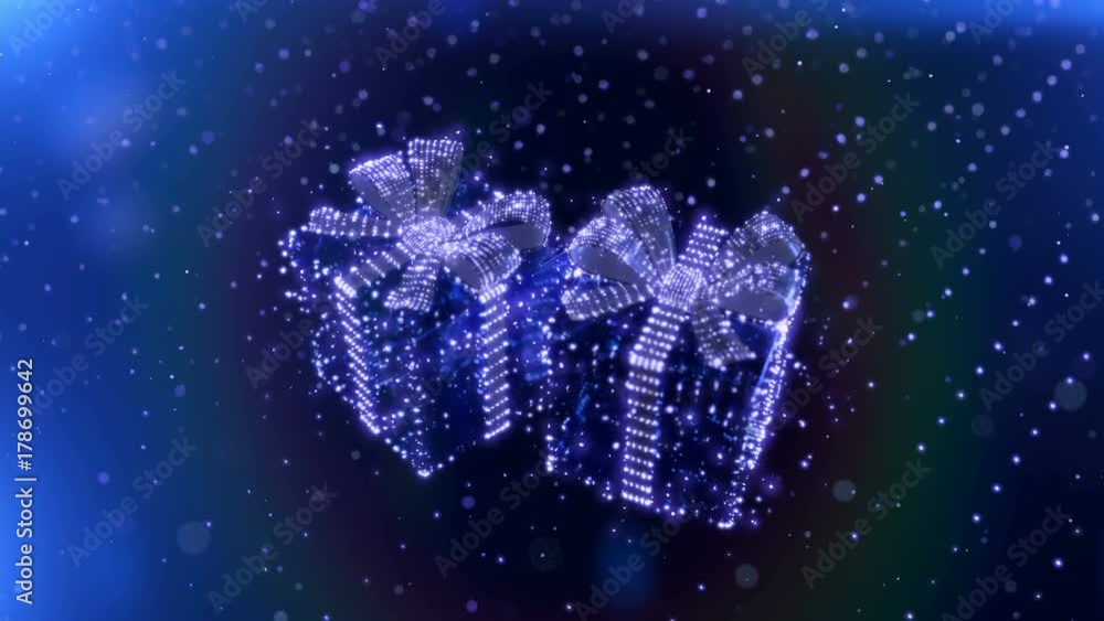 Magic Blue Neon Christmas gifts with bokeh particles background. Seamless loop. 3D render. Magic Blue Neon Christmas gifts with bokeh particles background. Seamless loop. 3D render.