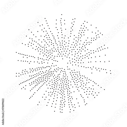 Abstract dotted round shape. Halftone effect surface. Black dots on white background. Black and white sunburst