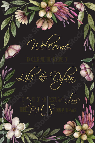Invitation card. Watercolor vintage flowers on black background.  © inna72