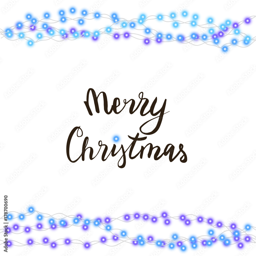 String blue garland and lettering isolated on white background. Vector illustration of merry Christmas, New Year party decoration with transparency. Glowing light for card design. Lights border