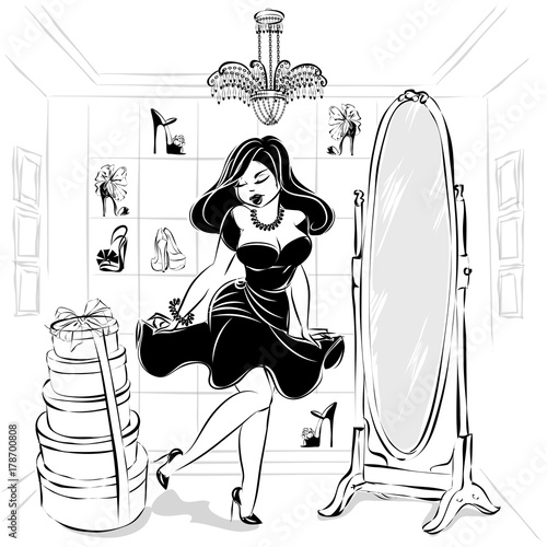 Black and white pin-up sexy woman in fashion shop try the dress and shoes in front of the mirror, drawn vector illustration clip art