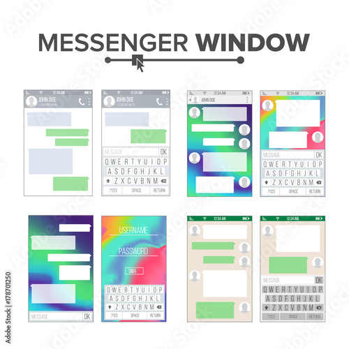 Mobile UI Kit Messenger Vector Set. Chat App Design Template. Chat, Sms Application Vector Template. Message Boxes. Modern Mobile Keyboard Isolated Illustration