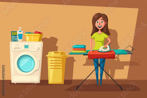 Laundry room with washing machine and housewife. Cartoon vector illustration
