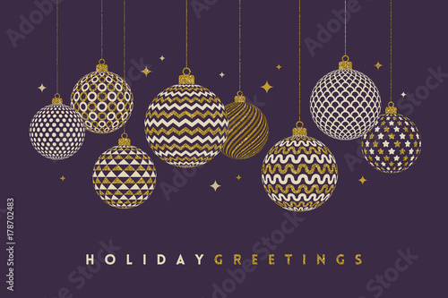 Christmas greeting card - patterned golden baubles on a dark violet background. Vector illustration.