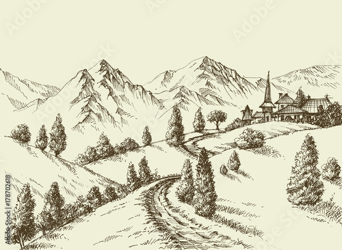 Mountains view, small village in the background