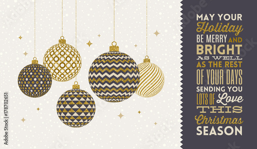 Christmas greeting card - patterned golden baubles on a snowy white background. Vector illustration.
