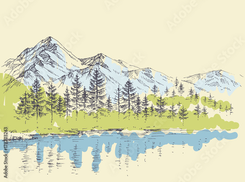 Pine forest in the mountains over a lake