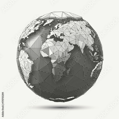 Naklejka Wektorowa geometryczna linii sztuki ziemi kuli ziemskiej ilustracja. Czarno-biały rysunek wielokąta.