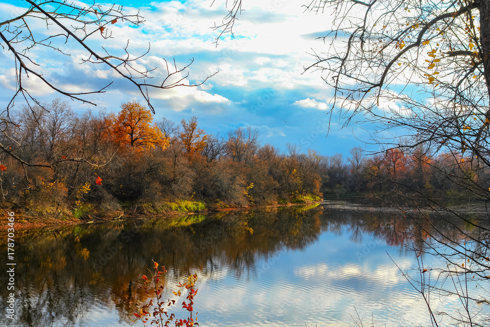 Obraz premium Autumn landscape. Forest lake in autumn forest