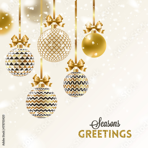 Christmas greeting card - patterned golden baubles with bow under snow. Vector illustration.