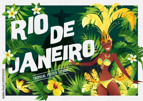 Brazilian samba dancer. Carnival in Rio de Janeiro girls wearing a festival costume is dancing. Vector illustration. photo