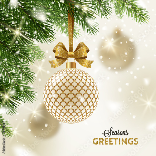Christmas greeting card - patterned golden bauble with glitter gold bow hanging on a christmas tree. Vector illustration.