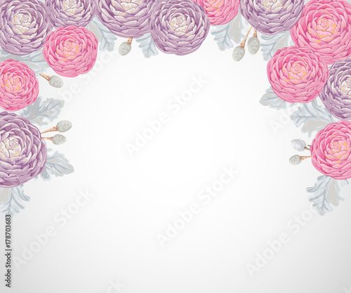 Decorative holiday background with pink and purple camellias, dusty miller and silver brunia.Vintage vector illustration in watercolor style