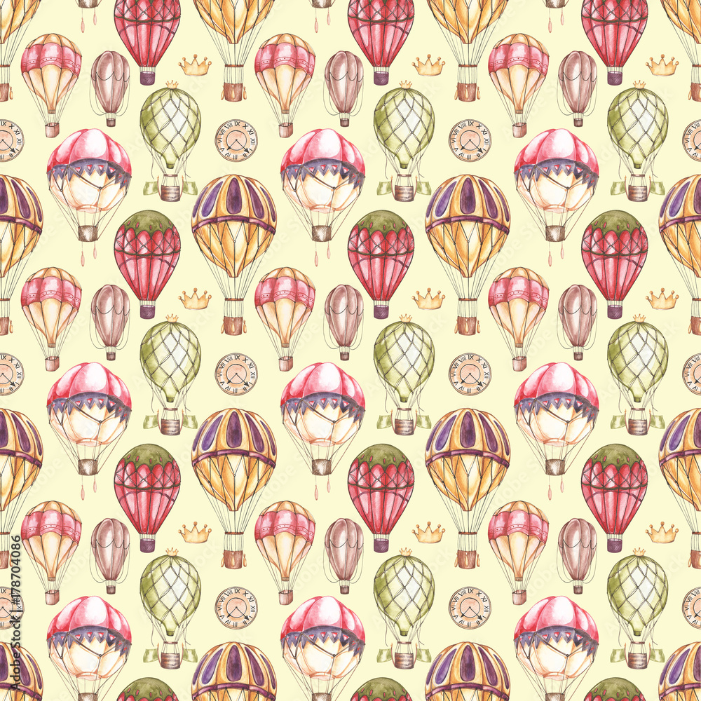 Seamless hand drawn pattern with aerostat elements. Ornamental colorful air balloon design. Bright colors. Seamless hand drawn pattern with aerostat elements. Ornamental colorful air balloon design. Bright colors.