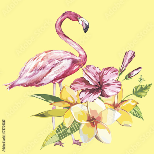 Flamingo with tropical flowers. Element for design of invitations  movie posters  fabrics and other objects.