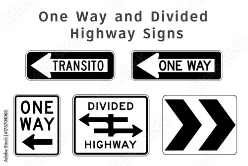 Regulatory traffic sign. One Way and Divided Highway. Vector illustration.