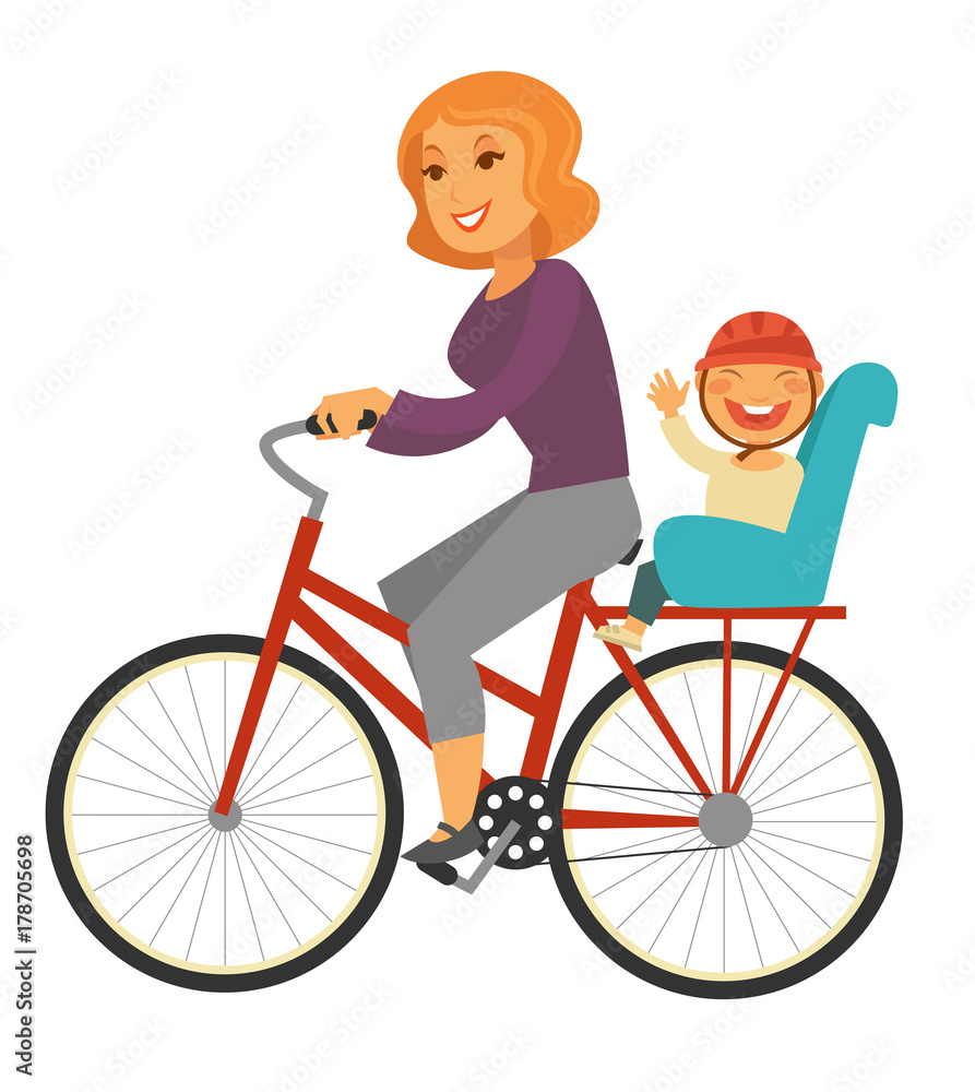 Mother rides bicycle with baby boy on special seat Mother rides bicycle with baby boy on special seat