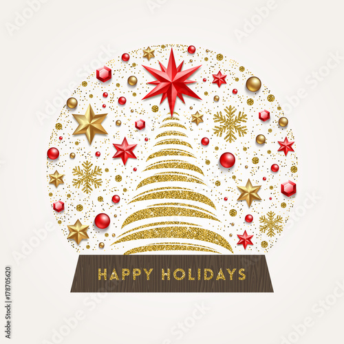Decorative snow globe silhouette made from stars, beads, ruby gems, glitter gold snowflakes and christmas tree. Vector illustration.