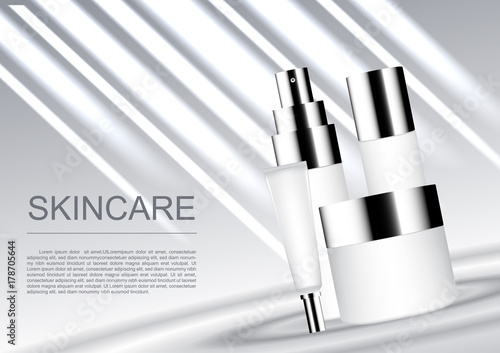 Cosmetic ads template, skincare set with shining light on white background