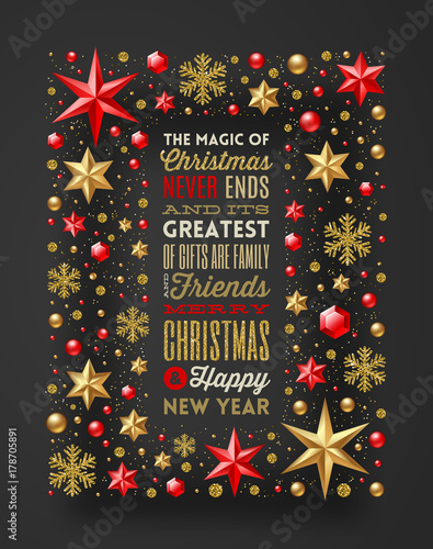 Christmas greeting type design in frame which is made from stars, ruby gems golden snowflakes, beads and glitter gold. Vector illustration.