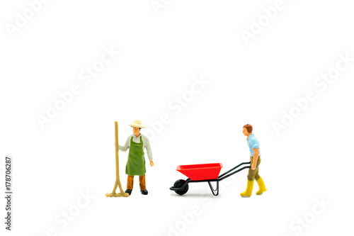 Miniature people, couple gardener isolated on white background, using as agriculture concept