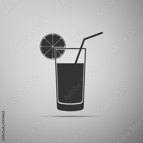 Glass of juice icon isolated on grey background. Orange slice and tube for drinking. Healthy organic food. Flat design. Vector Illustration