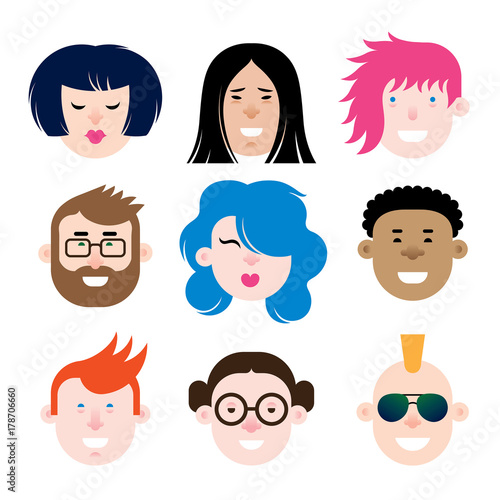 Face_flat/A set of human faces. Faces verbaut positive emotions.Vector flat design illustrations isolated on white background.