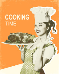Woman chef and roasted chicken.Retro poster on old paper background for text
