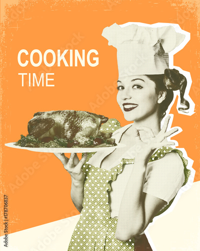 Plakat Kobieta szef kuchni i pieczony kurczak. Retro plakat na starym papierowym tle dla teksta