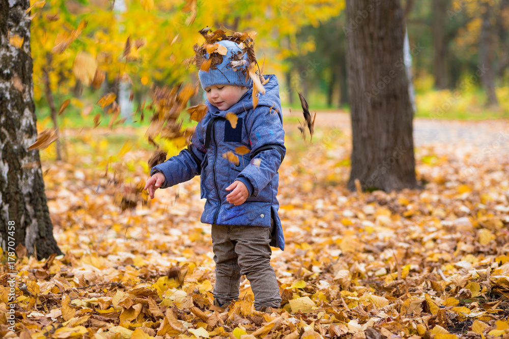 1 years old baby walks in the park on fallen colorful leaves in autumn day 1 years old baby walks in the park on fallen colorful leaves in autumn day